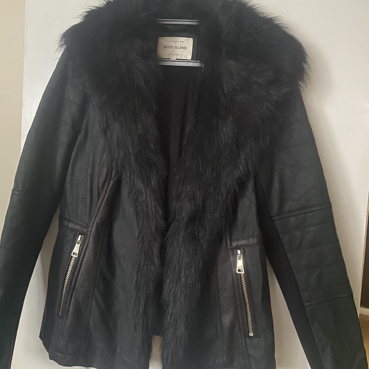 Womens black river island faux leather jacket with... - Depop