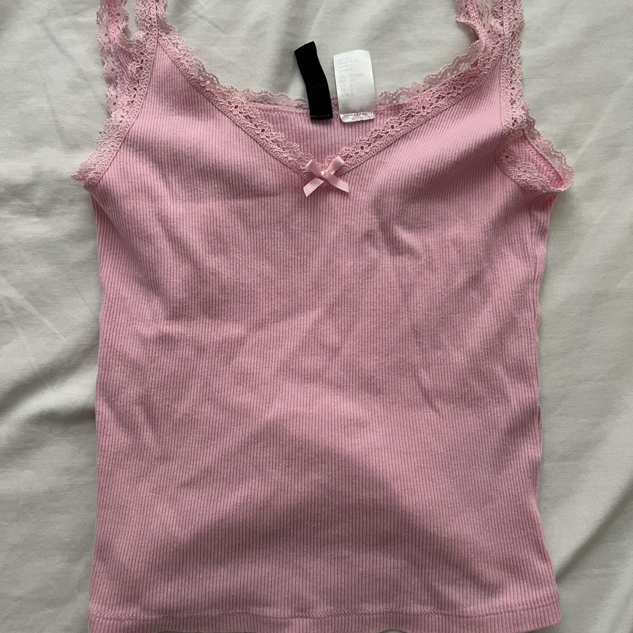 Pink cami top with lace and bow on the front from H&M🤍 Depop