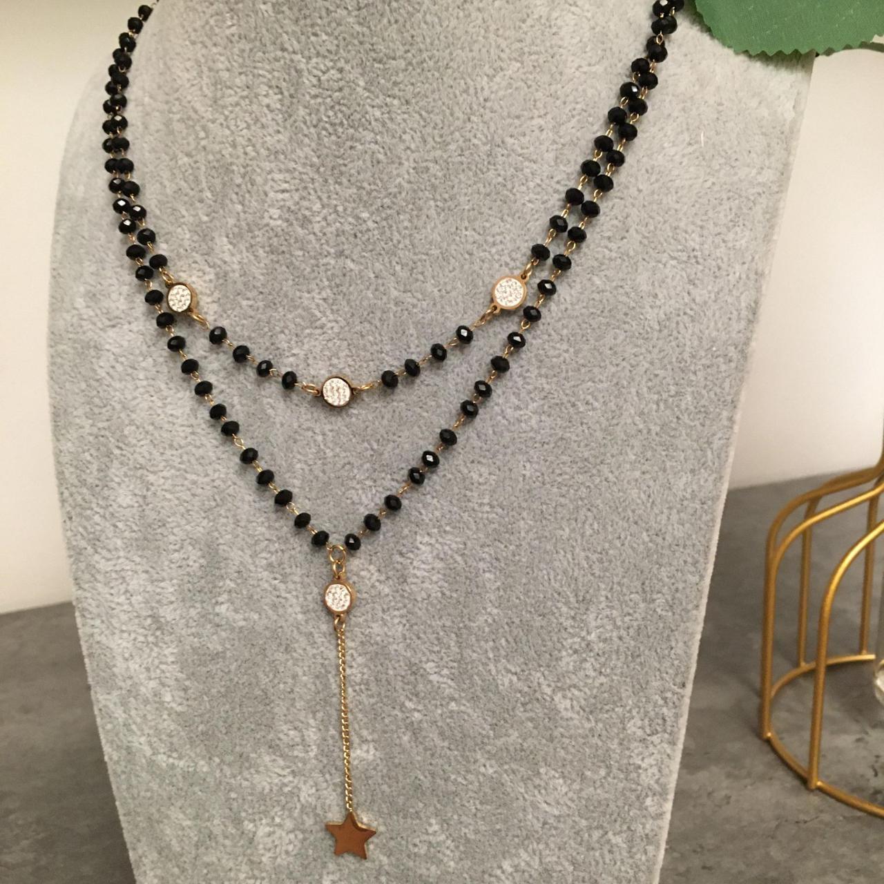 Black Rosary Necklace with Gold Star and Zirconia,... - Depop