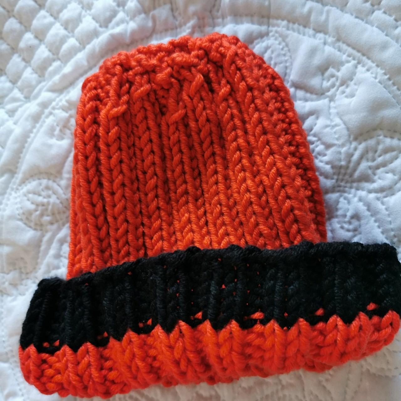 Hand knitted orange and black stripe beanie Soft,... Depop