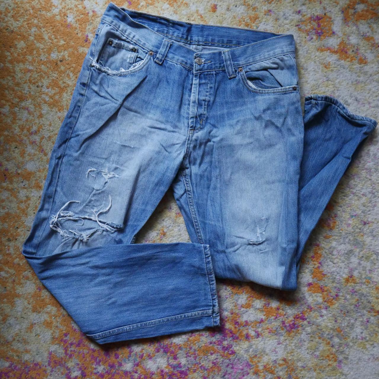 Men's Distressed Blue Levi Jeans w/ Button Front... - Depop