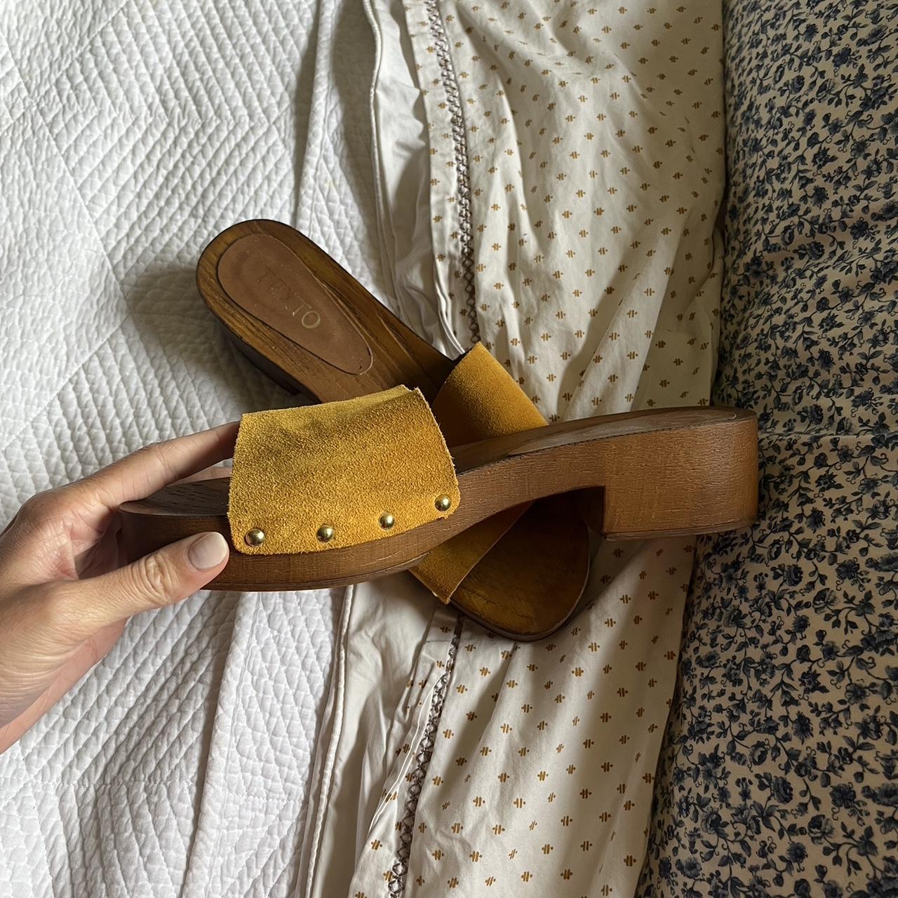 Wooden clog heel with mustard suede strap Depop