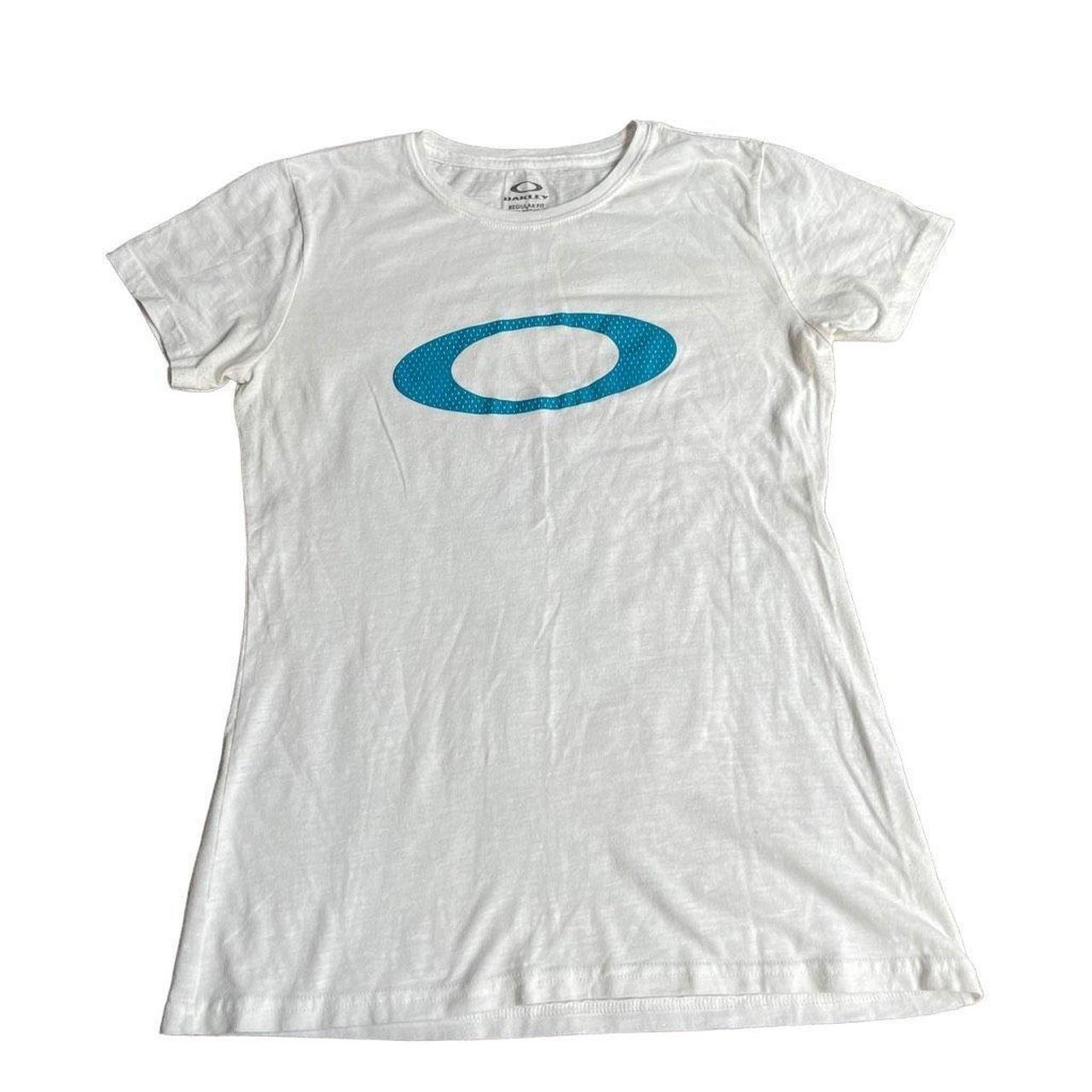 Oakley Women's T Shirt M Regular Fit WHite Blue... - Depop