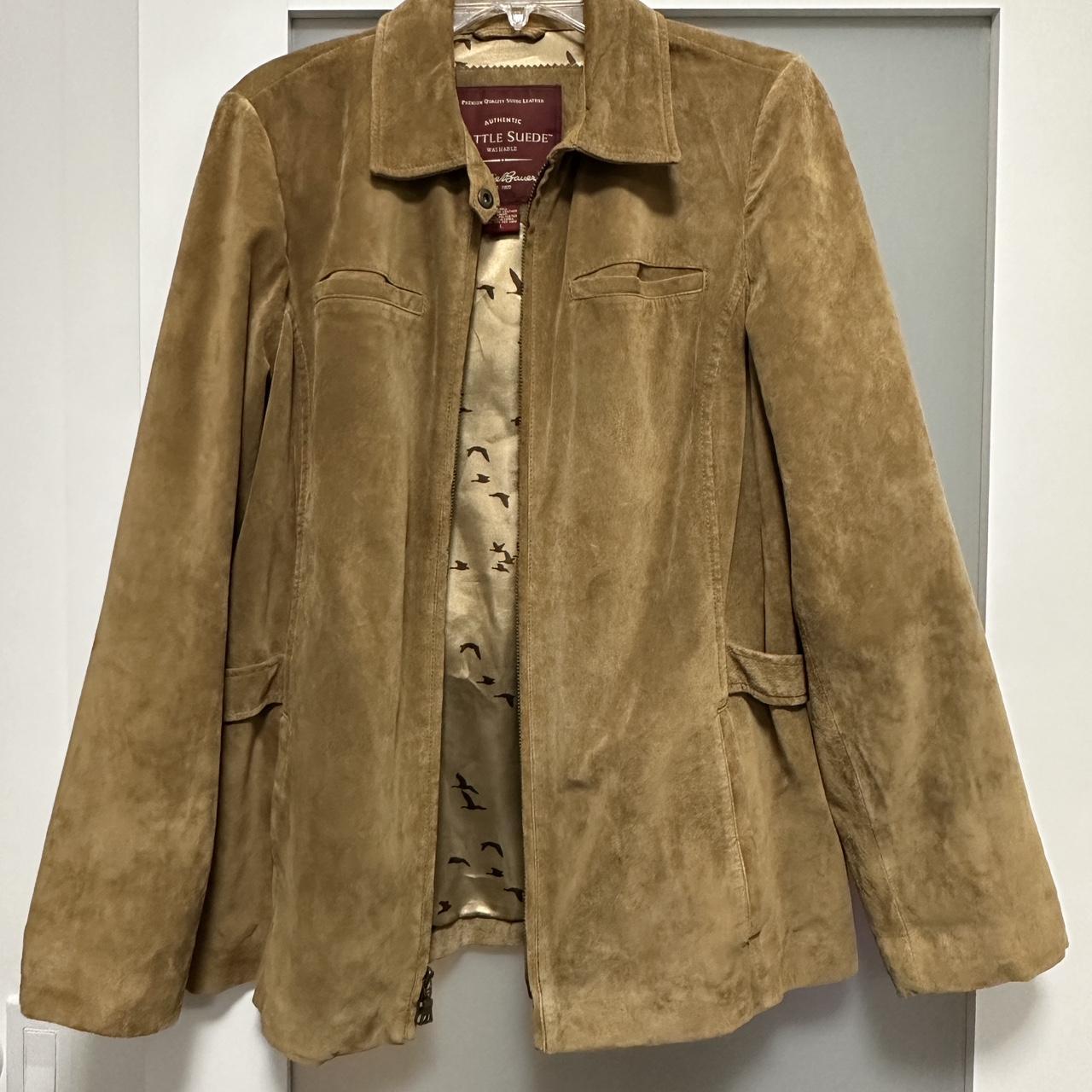 Tan suede jacket with a zipper and two front pockets. Depop