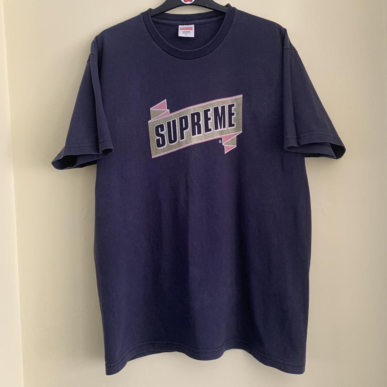 SUPREME Gold Foil Banner Tee Navy Blue XL . Depop