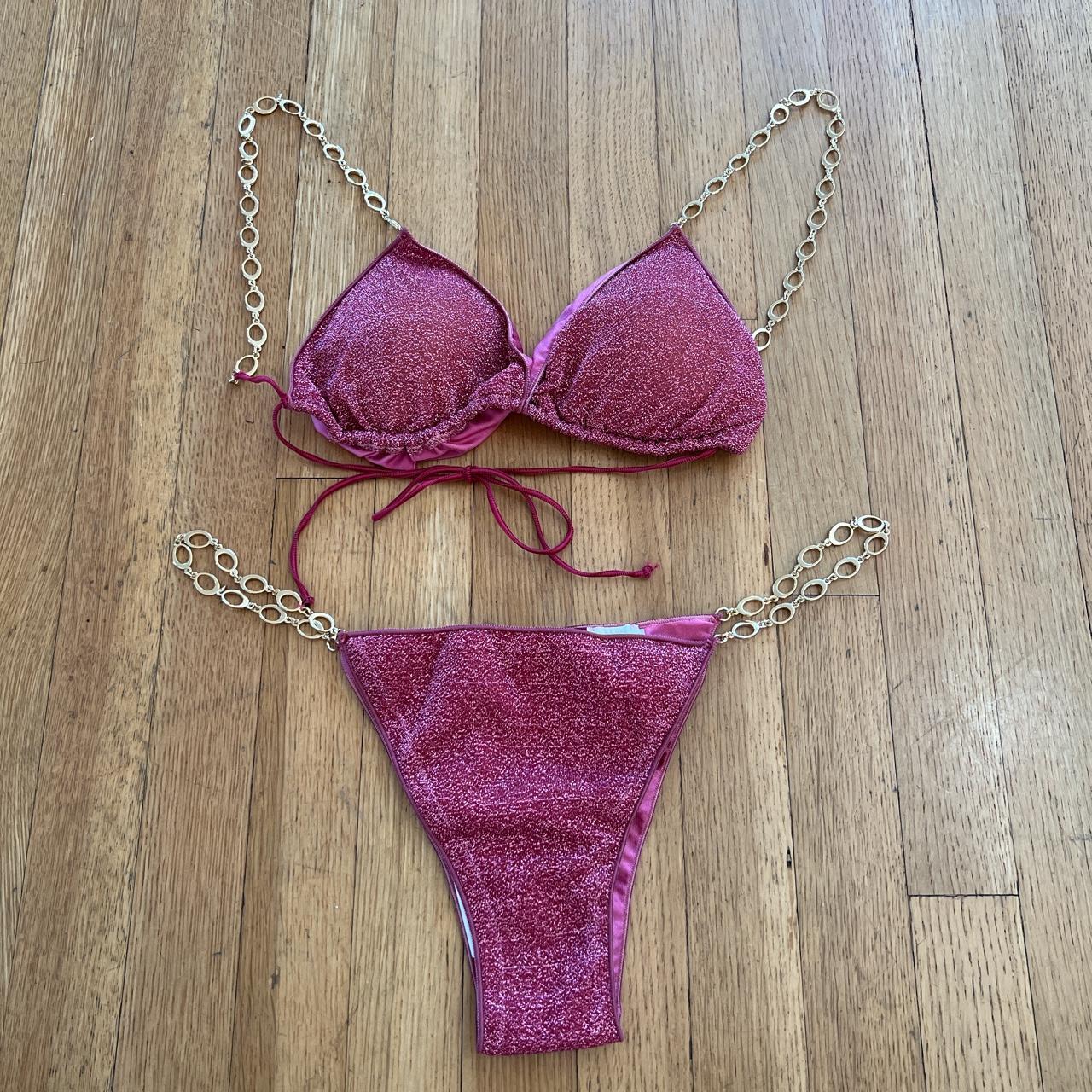 Oseree pink sparkly bikini top and bottom with chain... - Depop