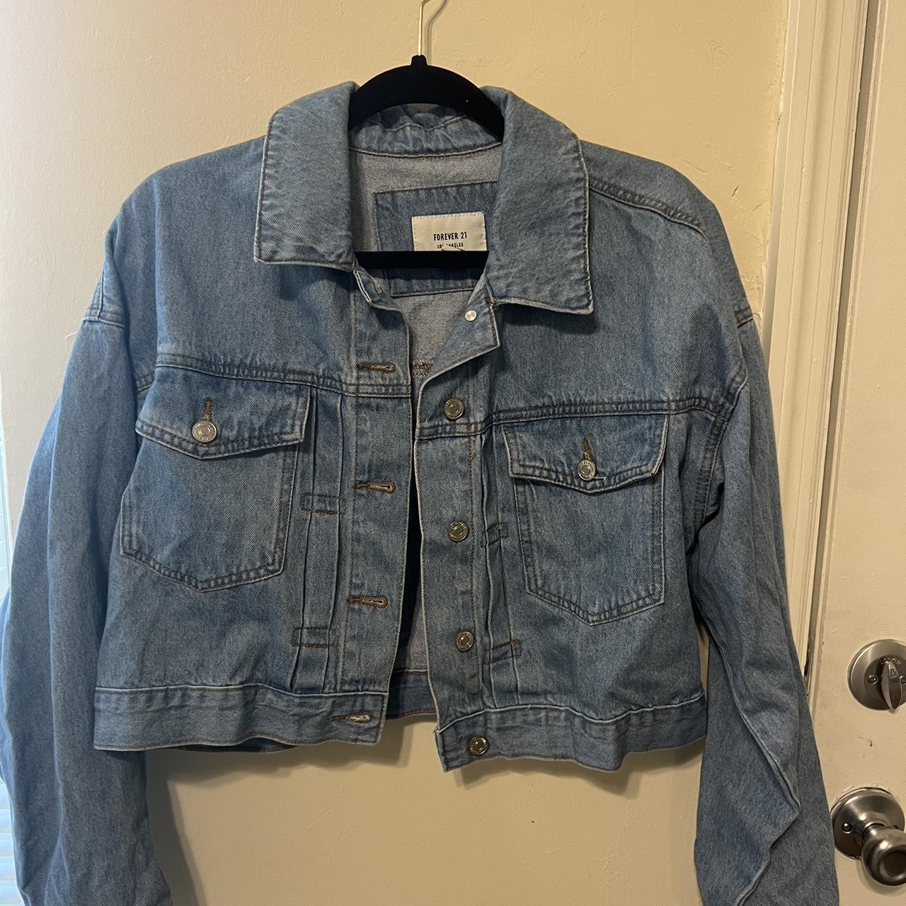 cropped denim jacket from forever 21 size medium... - Depop