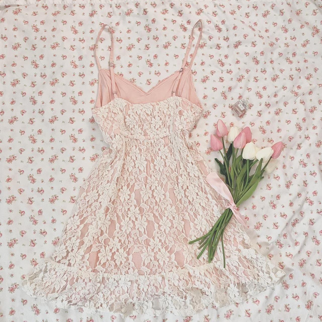 🎀 coquette hollister pink white lace babydoll cami... - Depop