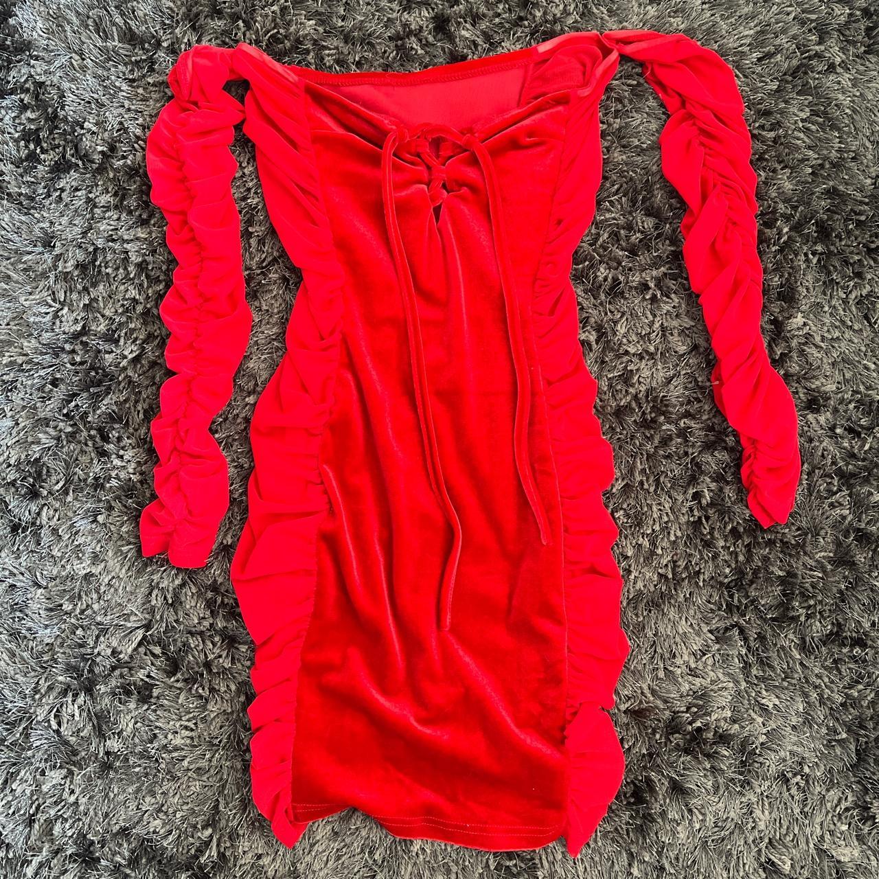 Red velvet and mesh long sleeve dress Size fits... - Depop
