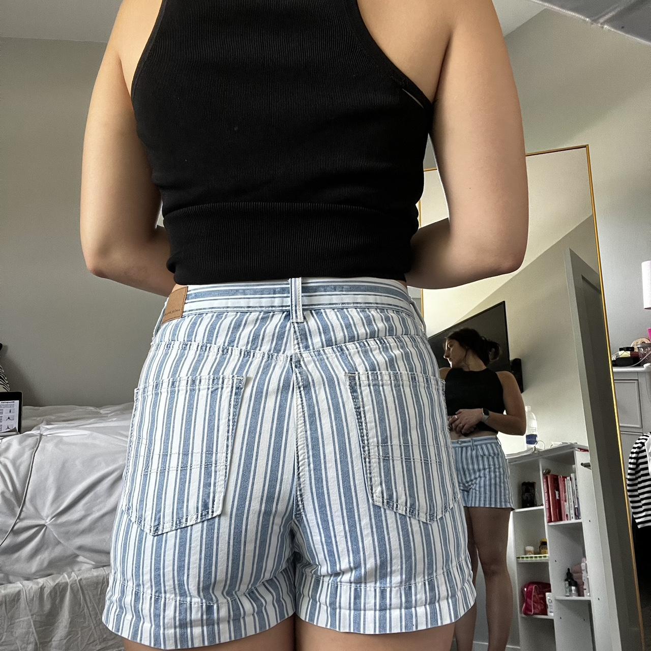 blue and white high waisted striped shorts