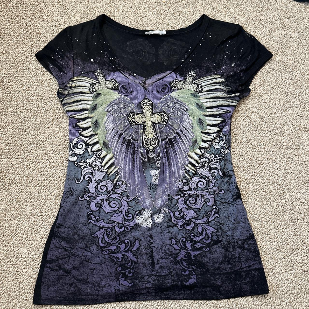 cute y2k mcbling 2000s grunge top wit angel wings... - Depop