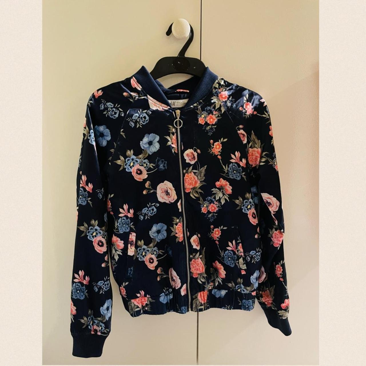 Gorgeous navy blue bomber jacket with flowers. Great... - Depop