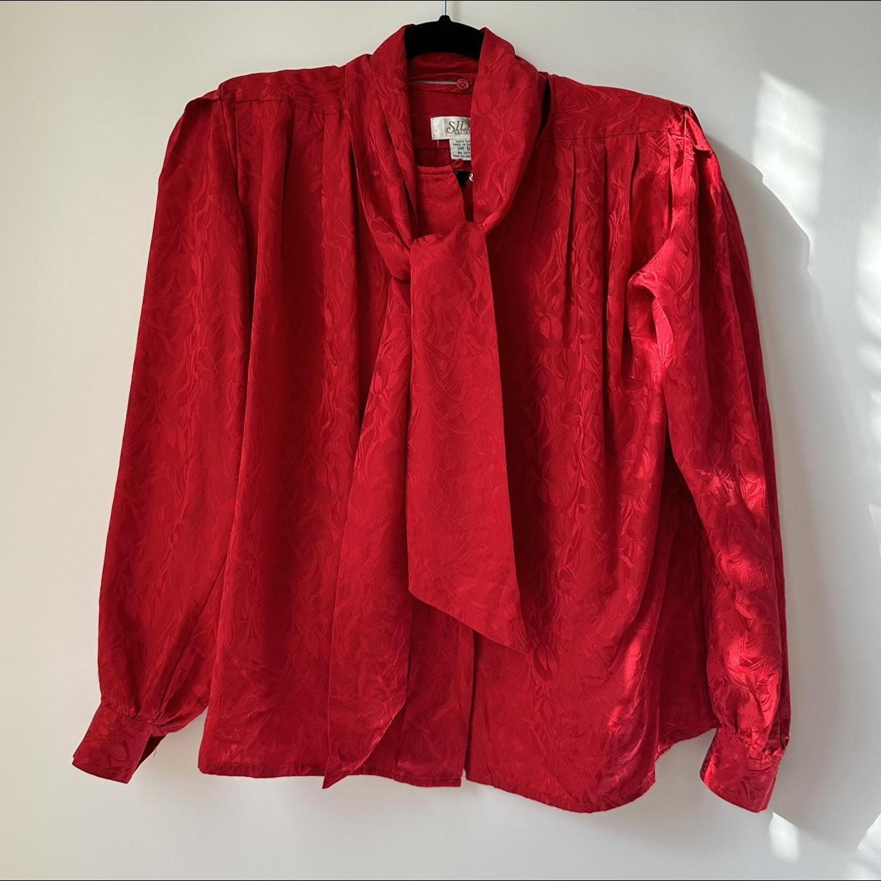 Vintage red floral jacquard 100% silk long sleeve... - Depop