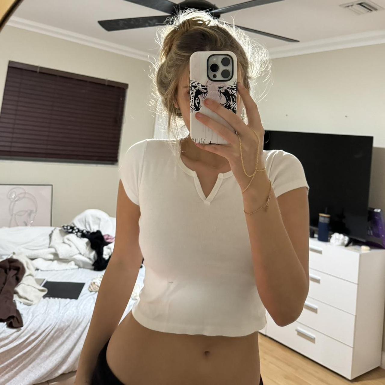 brandy melville white crop top t shirt w a small v - Depop