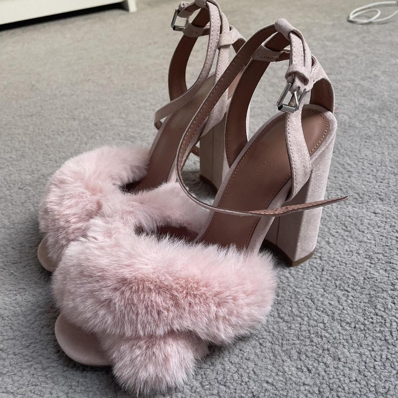 Pink fluffy block store heels