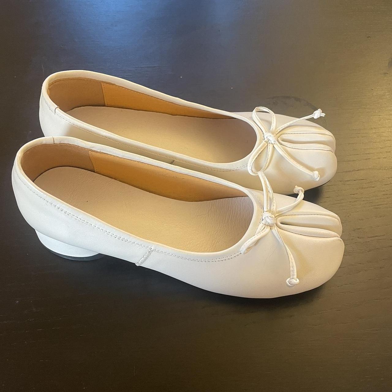 White tabi style ballet flats with a low heel and... - Depop