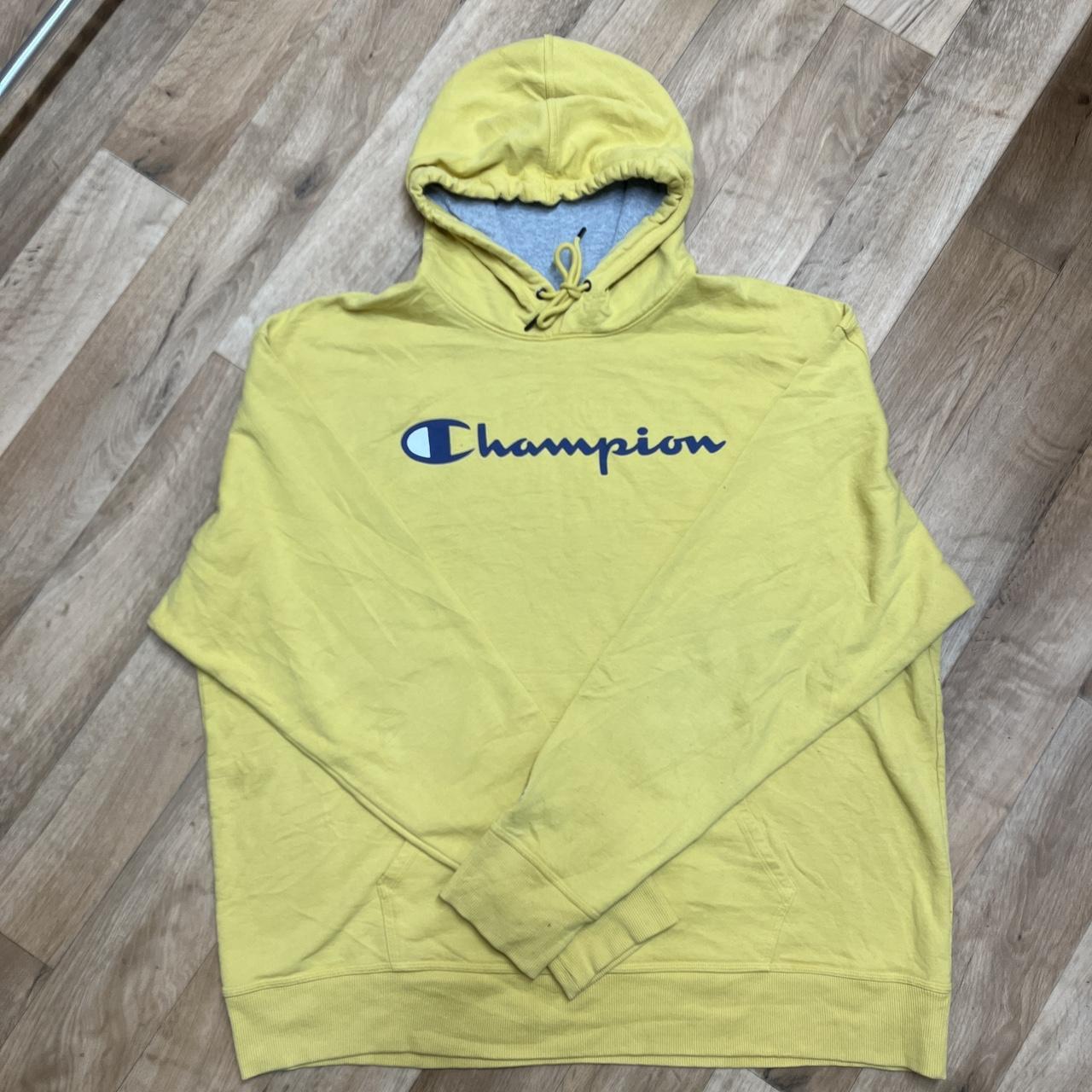 Champion yellow hoodie with navy blue champion motif