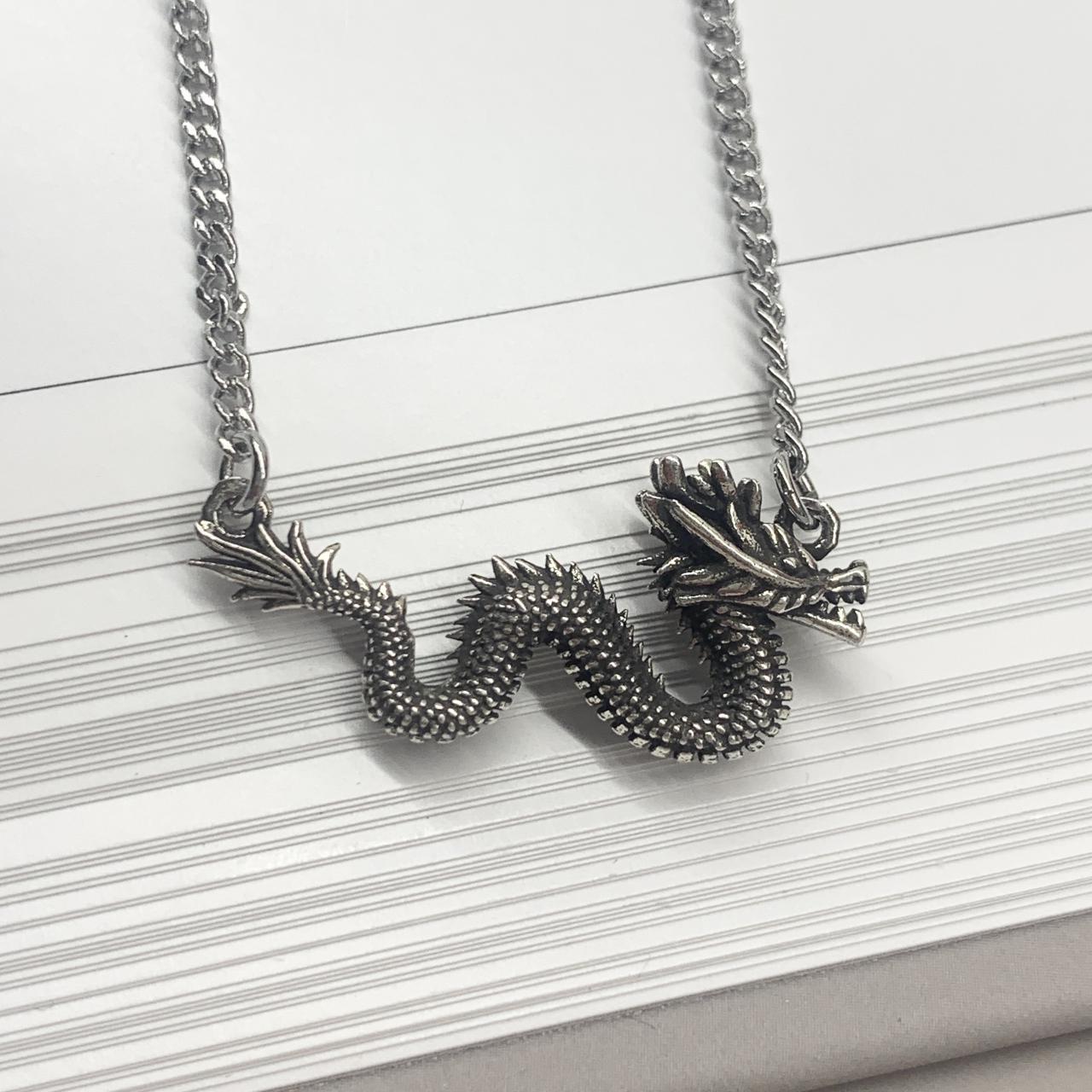 Silver Dragon Charm Necklace Necklace Length is... Depop