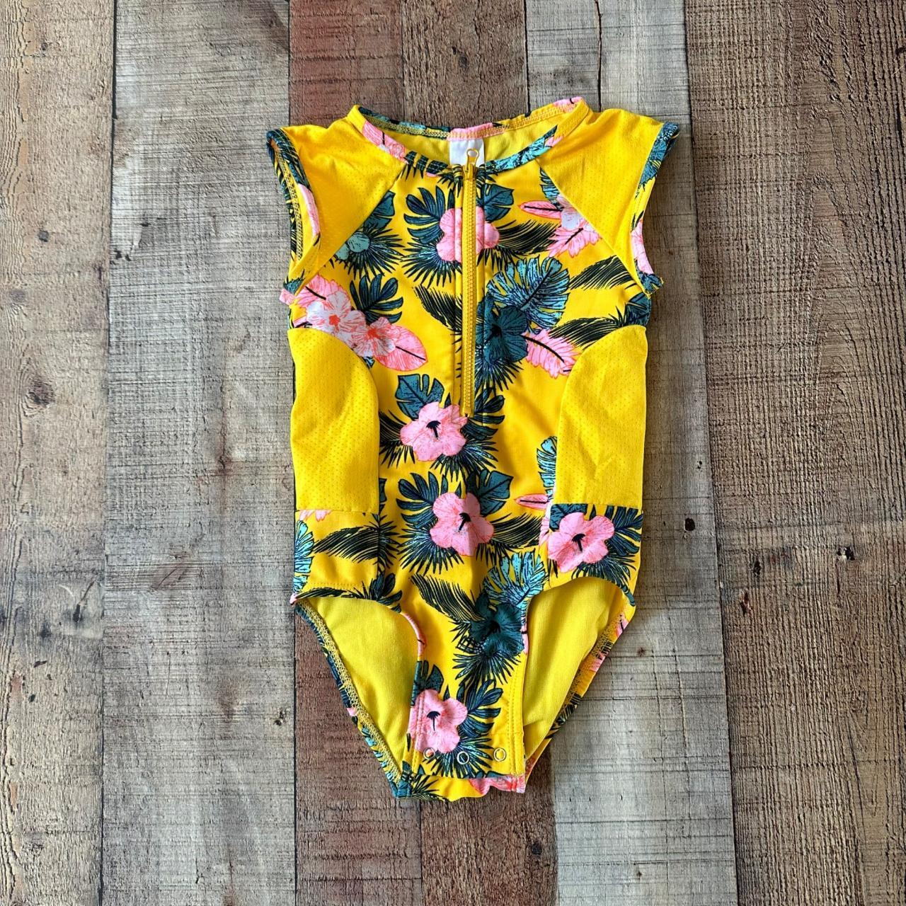 Bright, yellow floral one-piece swimsuit for girls.... - Depop
