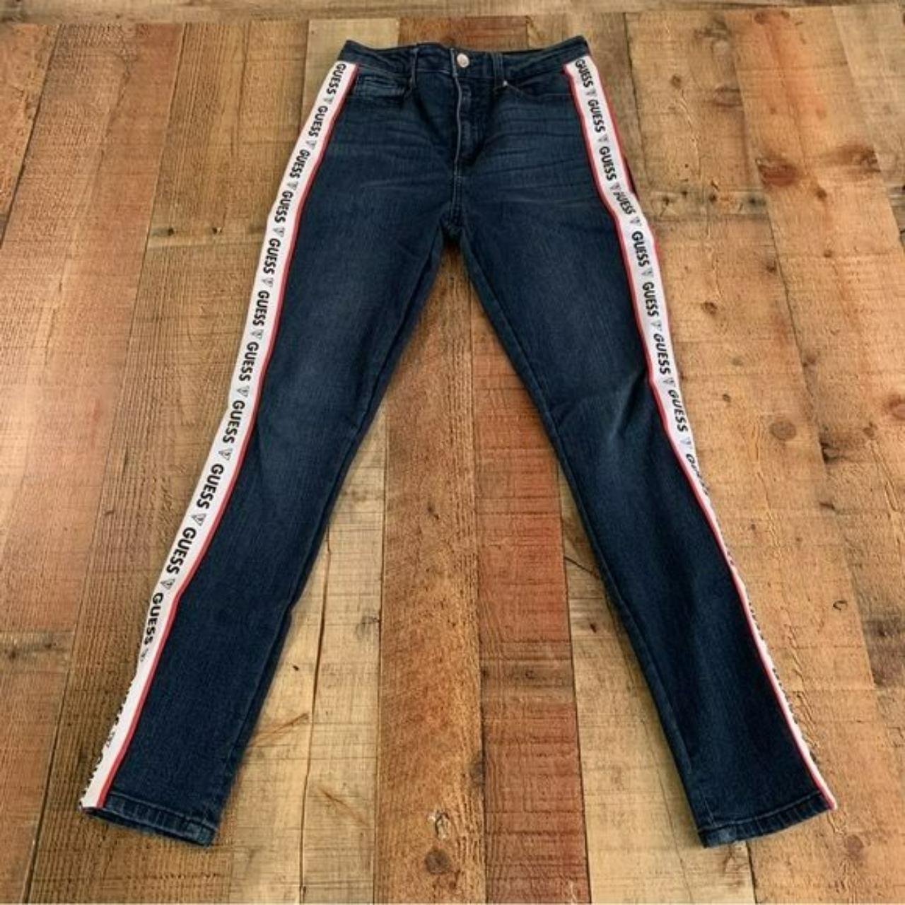 Guess denim jeans stripe with puffy logo print high... - Depop