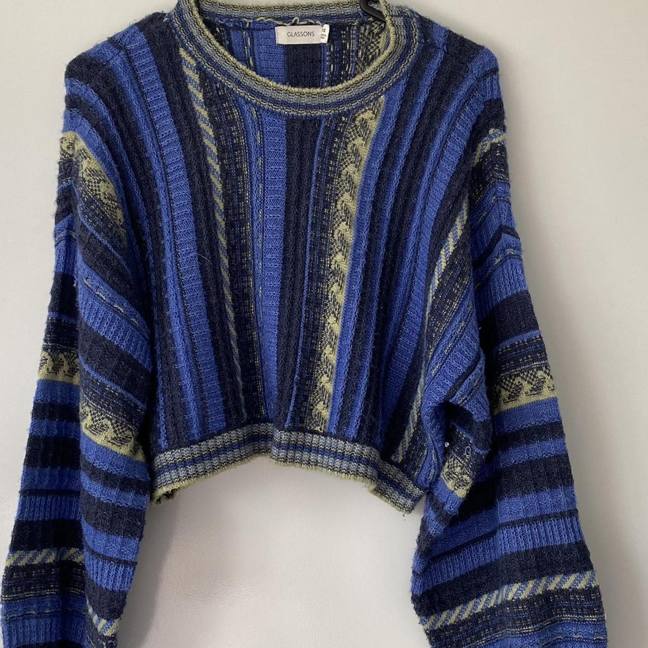 glassons blue & yellow knit crop sweater, size xs,... - Depop