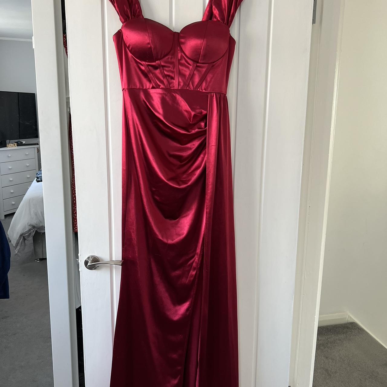 Burgundy red satin long ball gown style dress Worn... - Depop