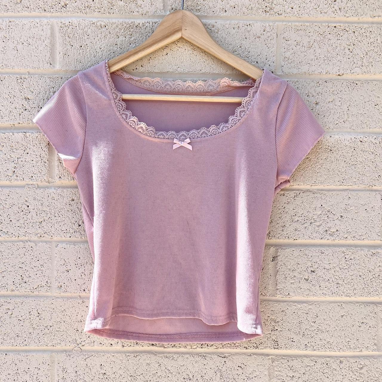 Pink ribbed shirt with bow #softgirl #coquette #pink - Depop