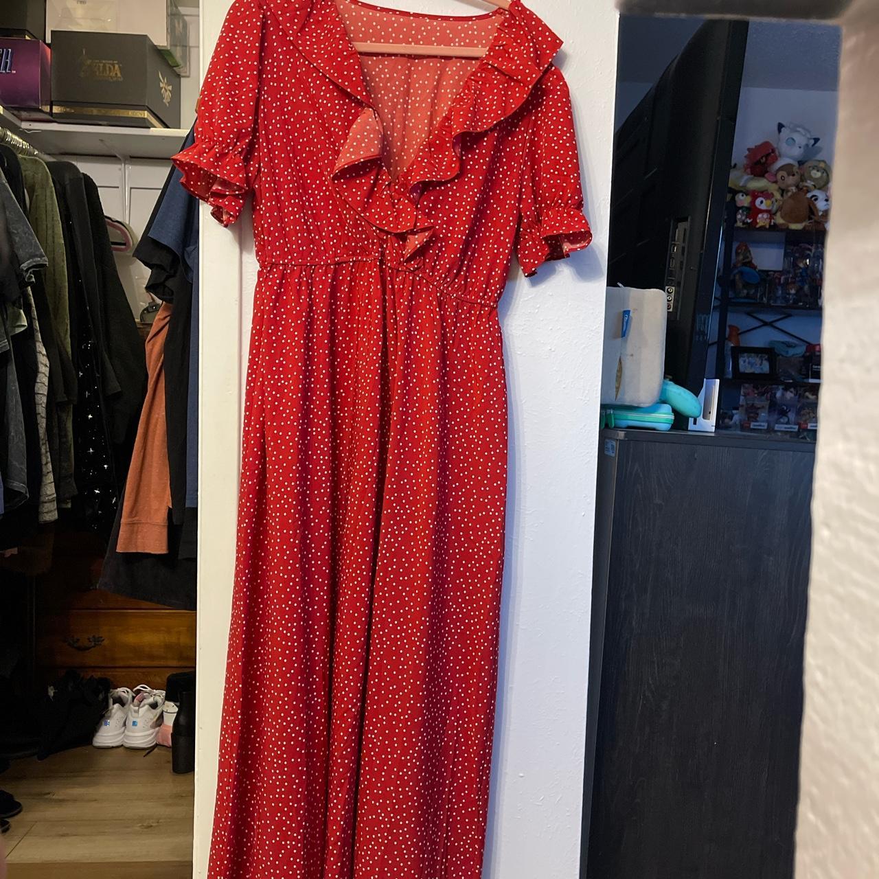 Long red dress with white polka dots. Never worn.... - Depop