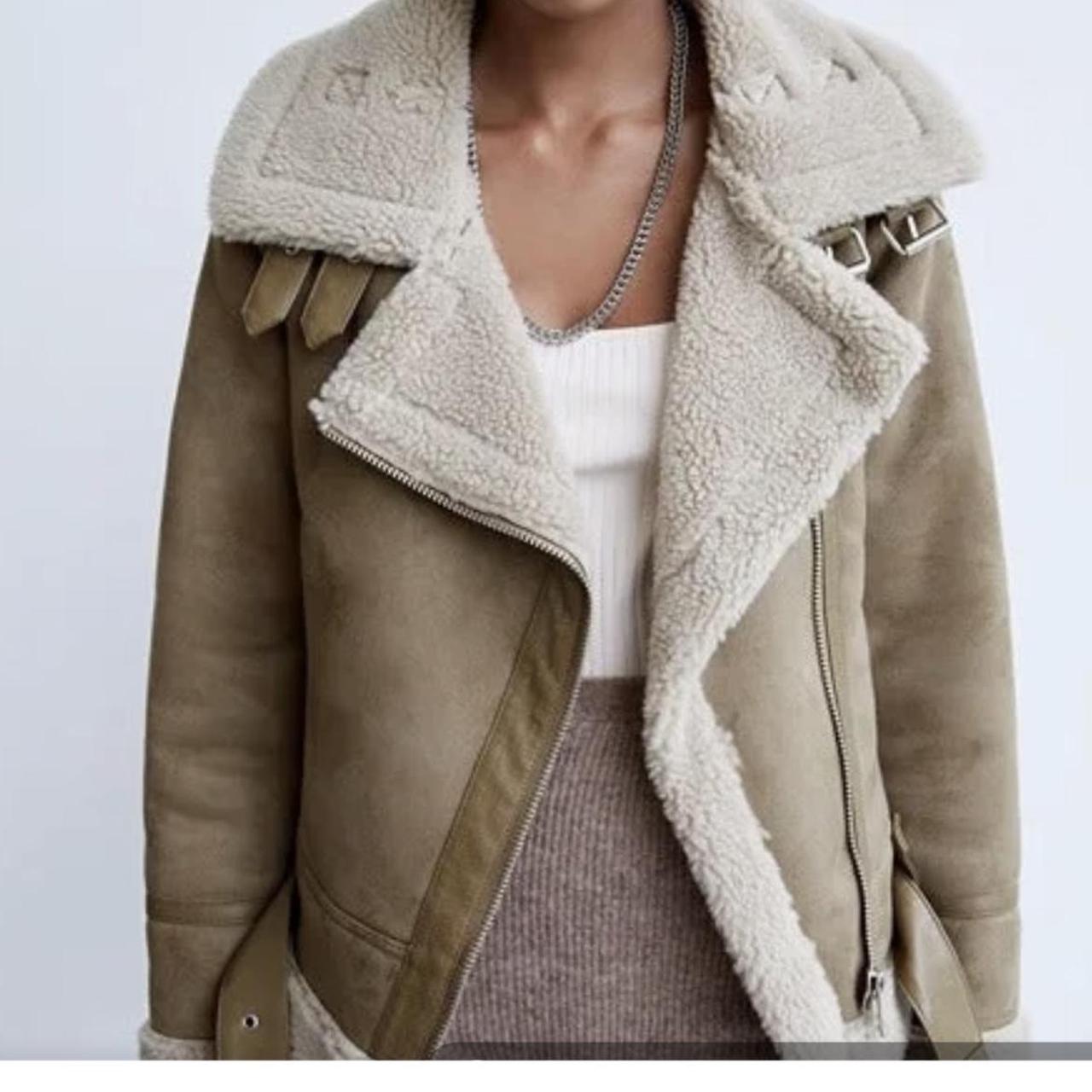 Zara aviator jacket faux fur size S. Tan color.... Depop