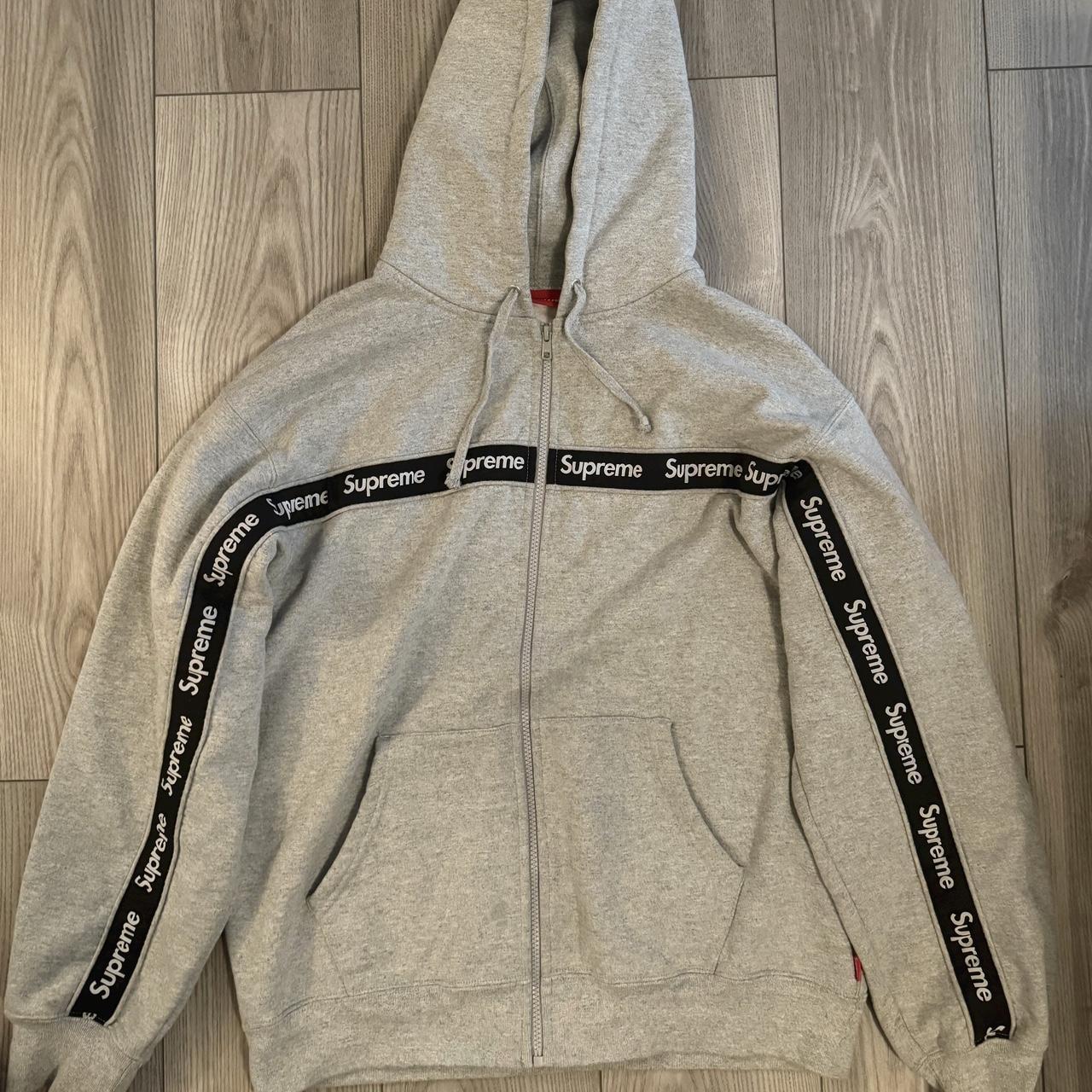 Supreme Text Stripe Zip Up Hooded Sweatshirt from... - Depop