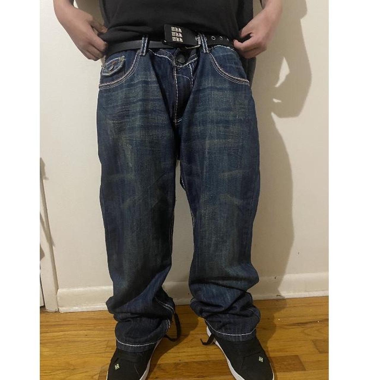 JNCO Men's Navy and Red Jeans | Depop