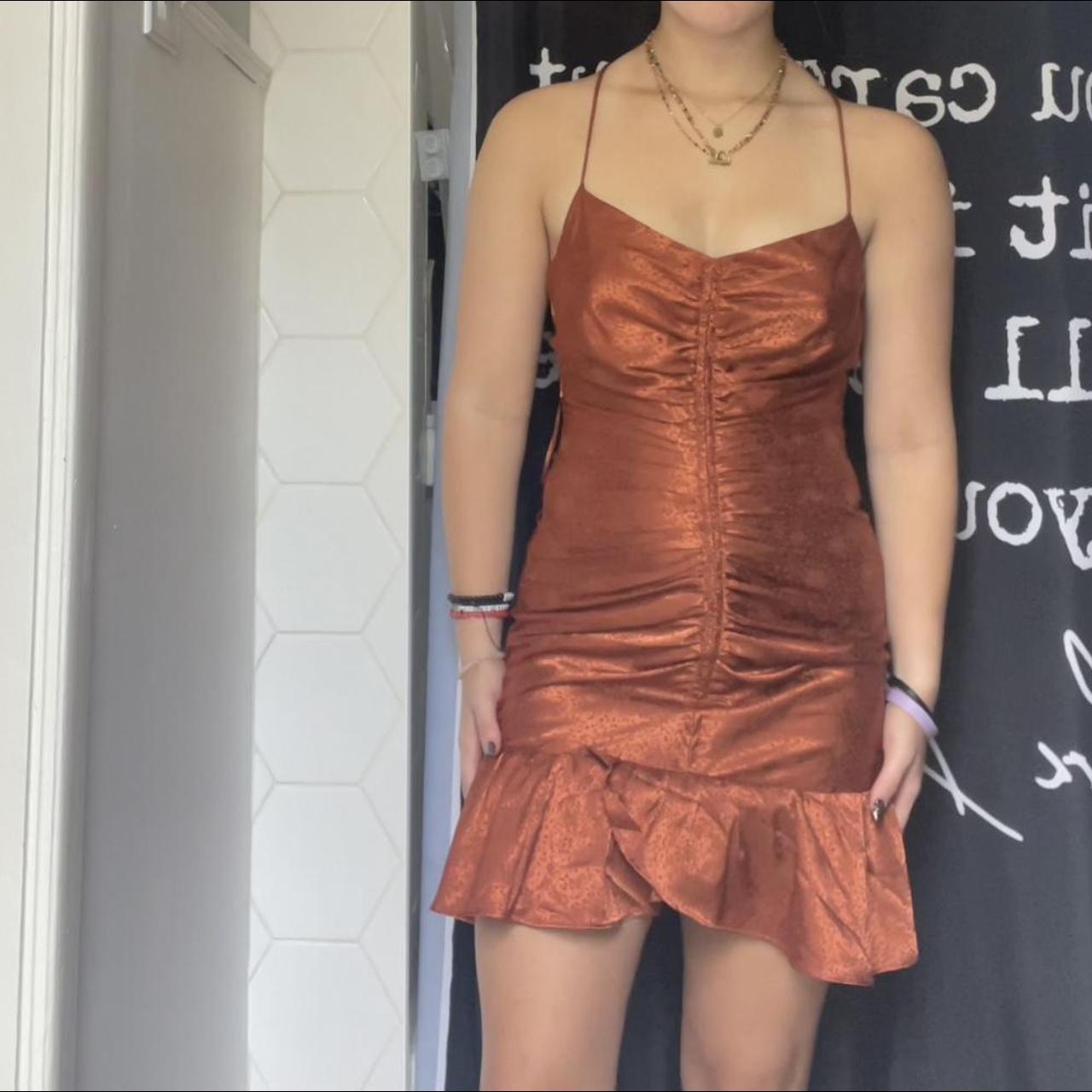 Burnt orange ruched bodycon tie back homecoming... - Depop