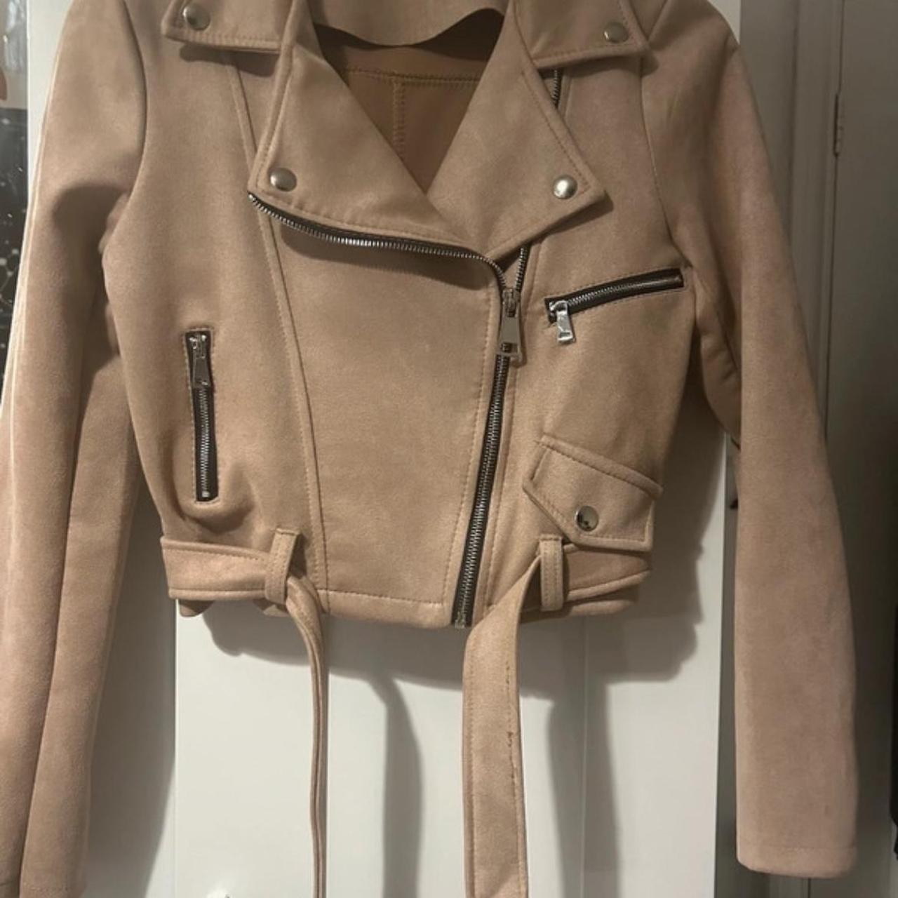 Cropped Women S Biker Jacket Pinkish Beige Worn Depop