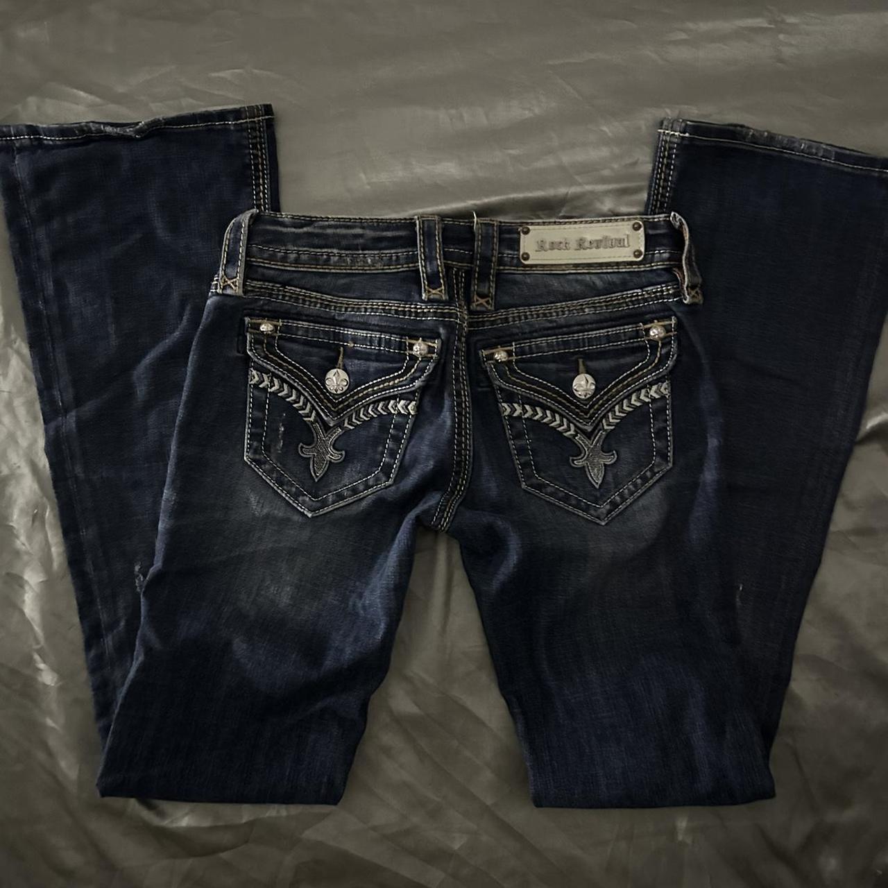Dark wash low rise rock revival bootcut flare jeans... - Depop