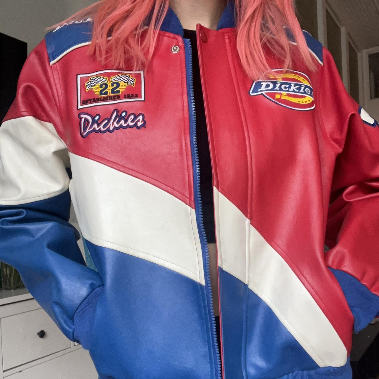 Dickies pleather red, white, and blue jacket/bomber... - Depop