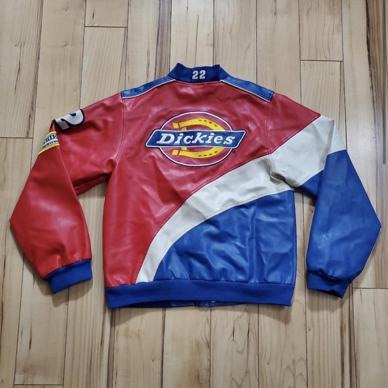 Dickies pleather red, white, and blue jacket/bomber... - Depop