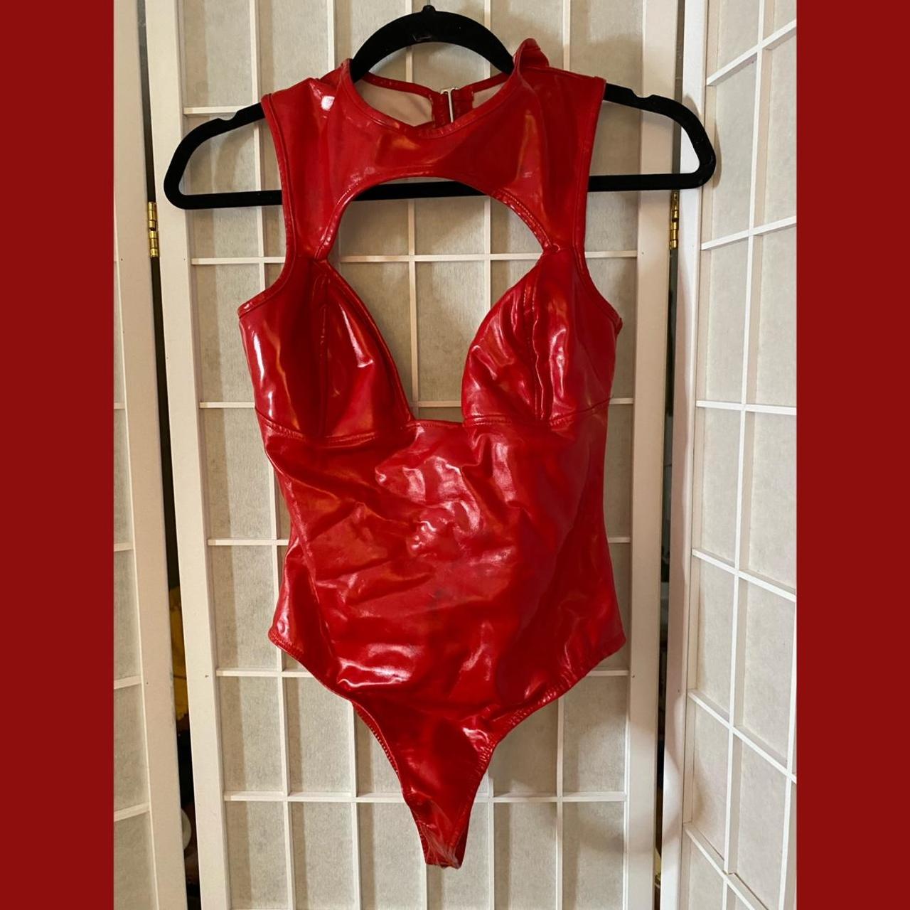 Frederick's of Hollywood women's Red PVC bodysuit - Depop