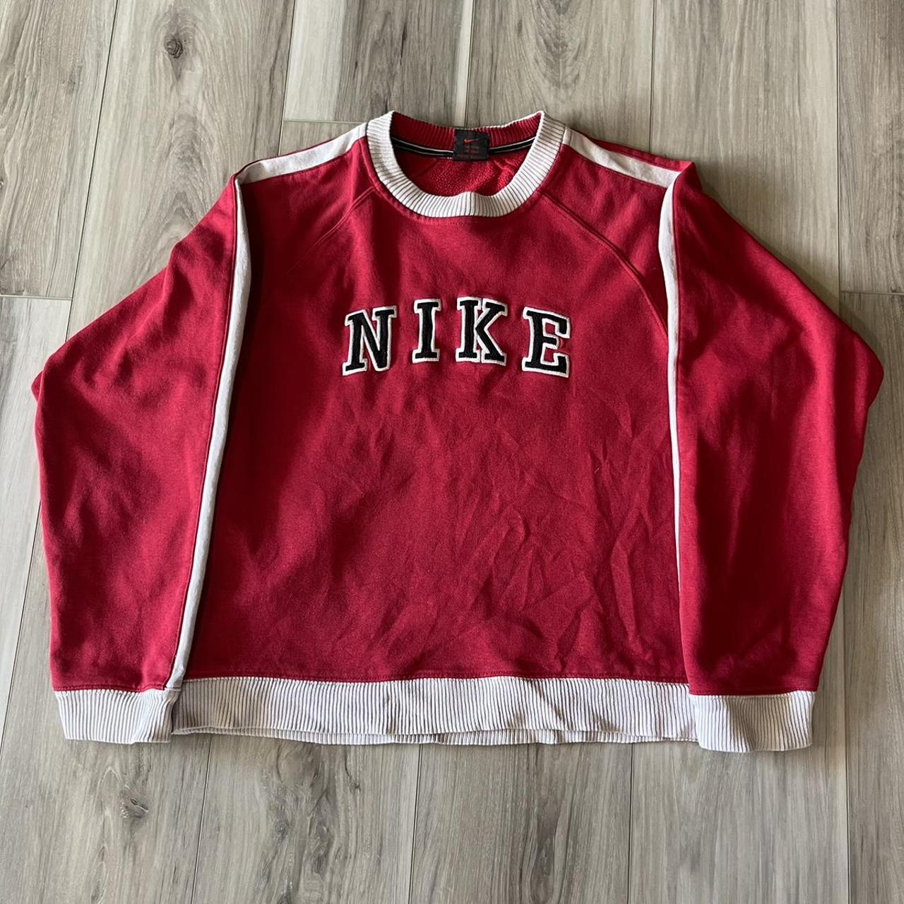 Nike Red and White Vintage Sweater Youth size M... - Depop