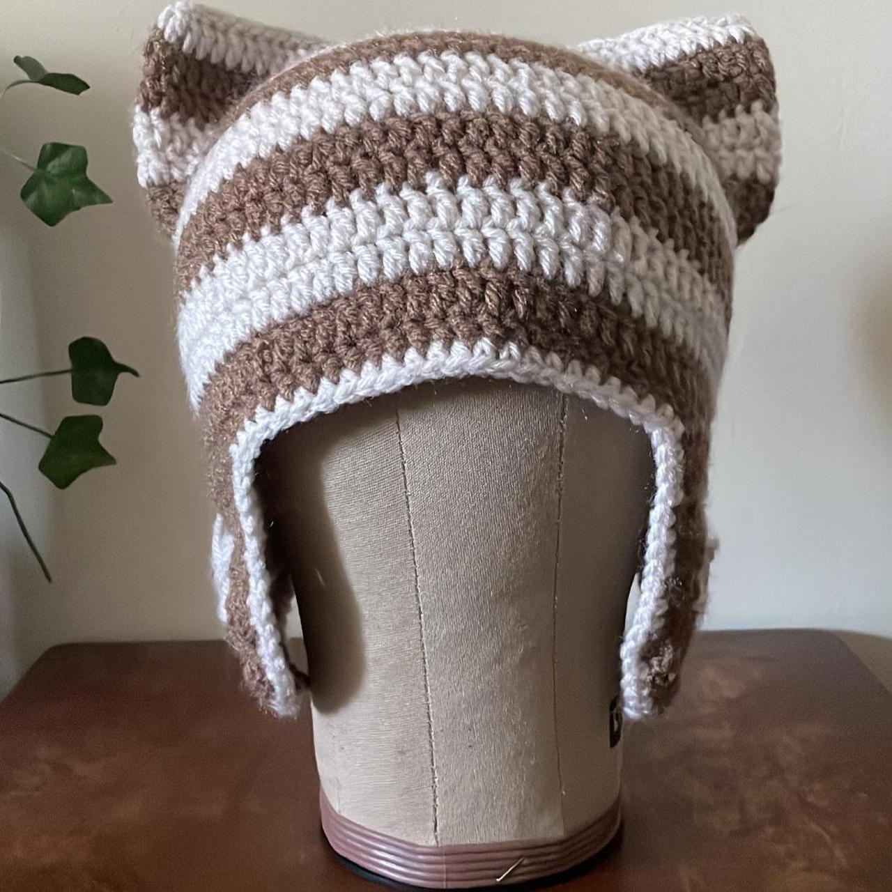 brown & ivory crochet cat ear ushanka beanie ! —... Depop