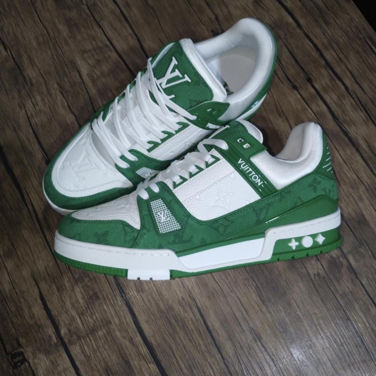 Louis Vuitton trainer green monogram denim white,... - Depop