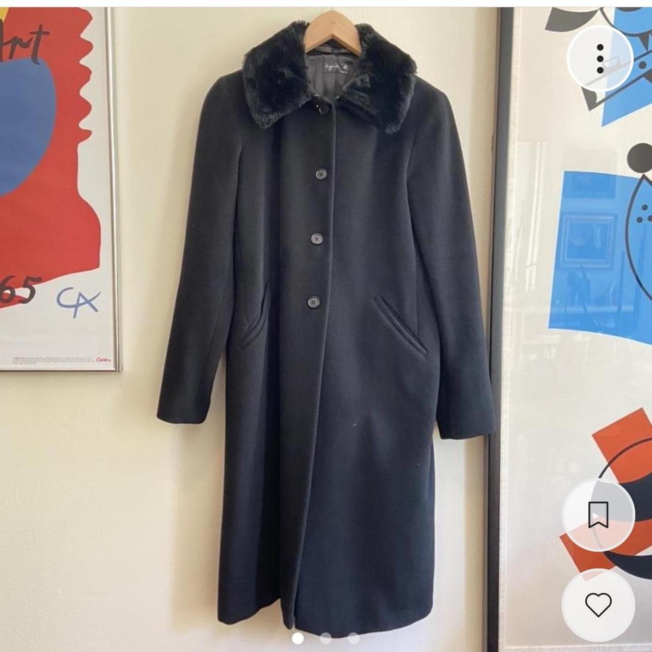 Agnes B. Black Wool Coat with Faux Fur... Depop