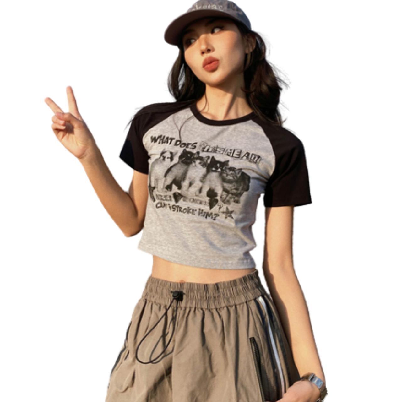 Women T-shirt Y2k Crop Tops Tees Cat Print Slim Graphic Summer Korean  Fashion Harajuku Streetwear Short Sleeve Aesthetic Clothes