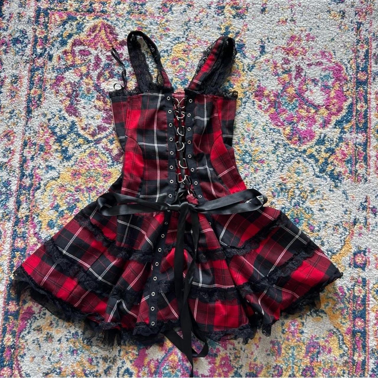 EMO Alt girl plaid lace trim grommet mini corset