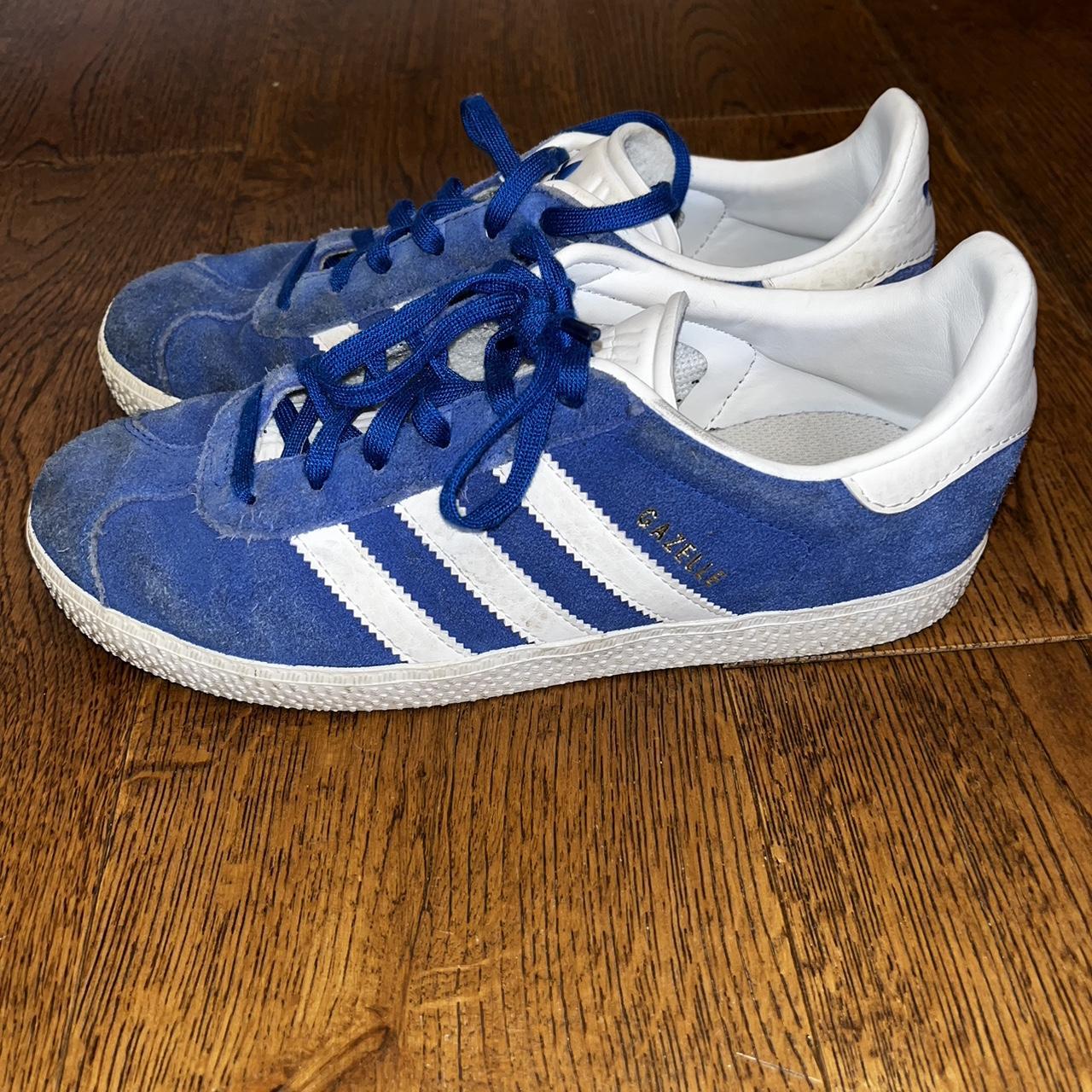 Size 4 Blue and White Adidas Gazelles- good... - Depop