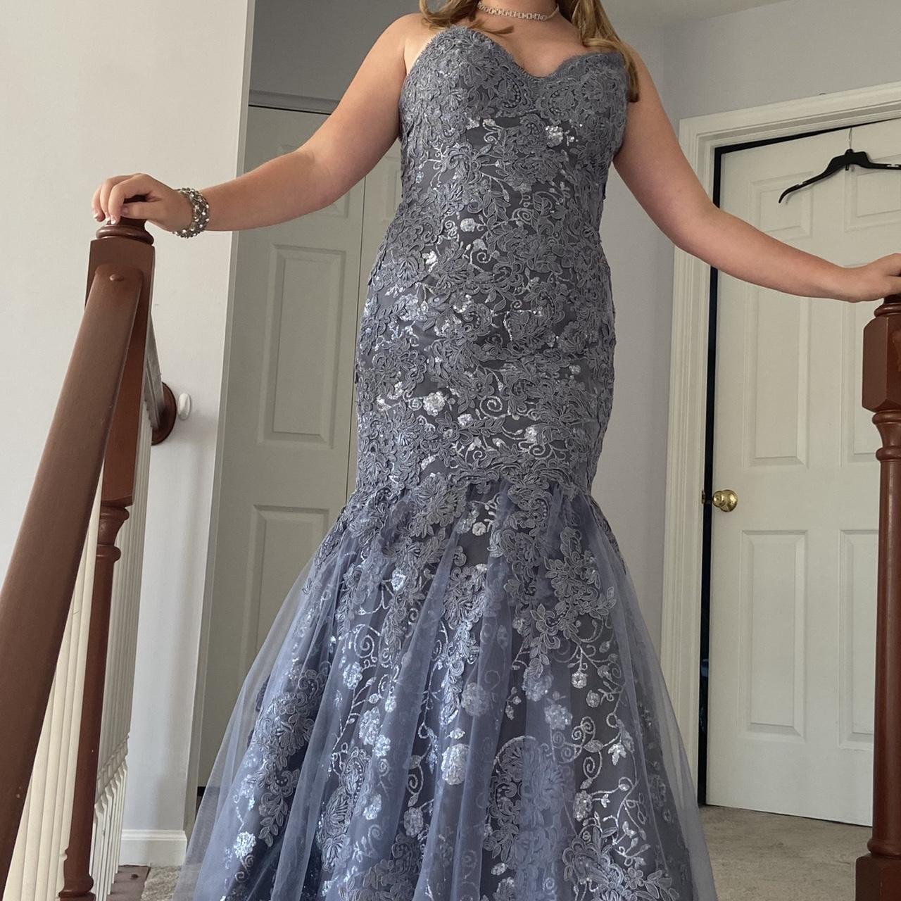embroidered prom dress! blue grey prom dress... Depop