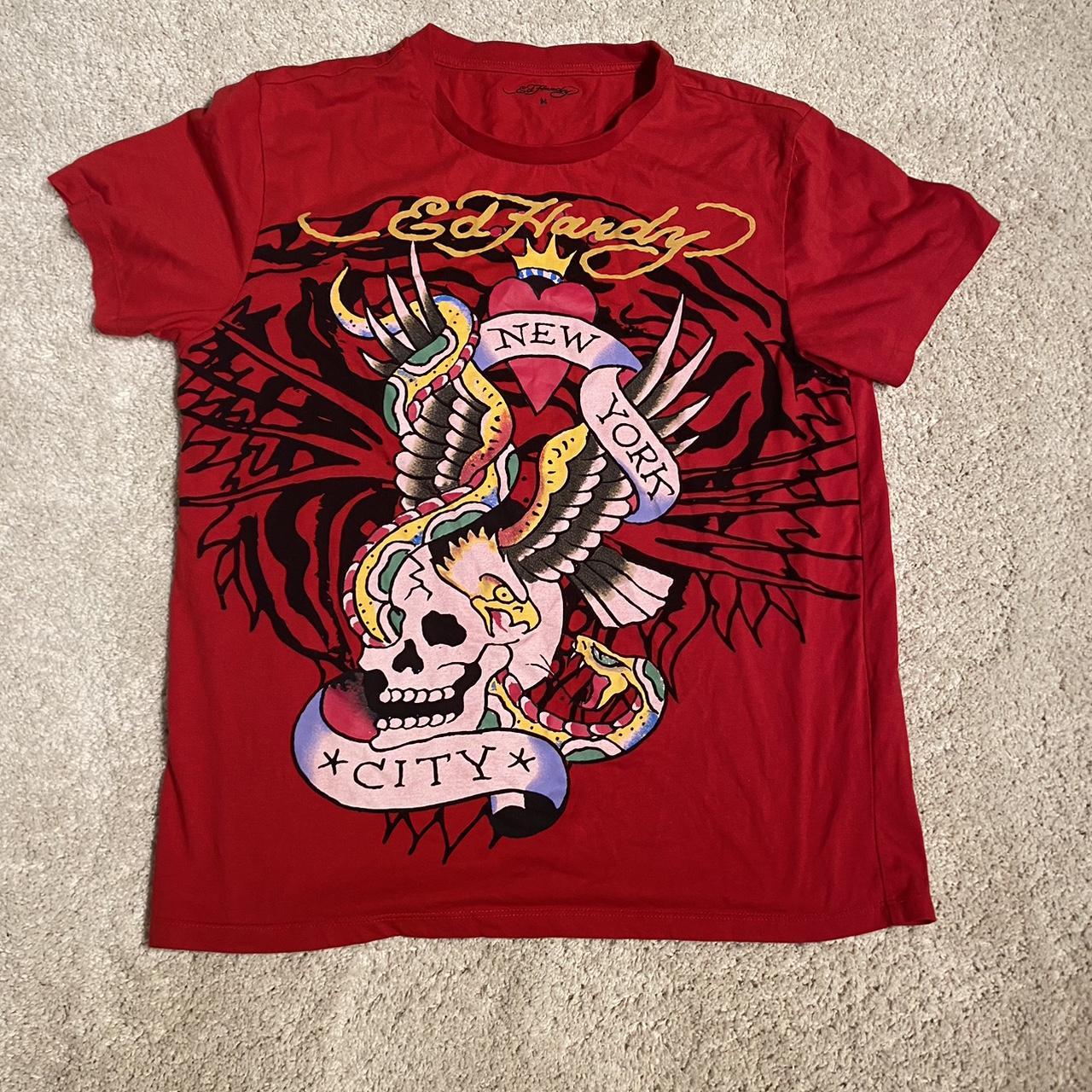 Ed Hardy Men's Red and Black T-shirt | Depop