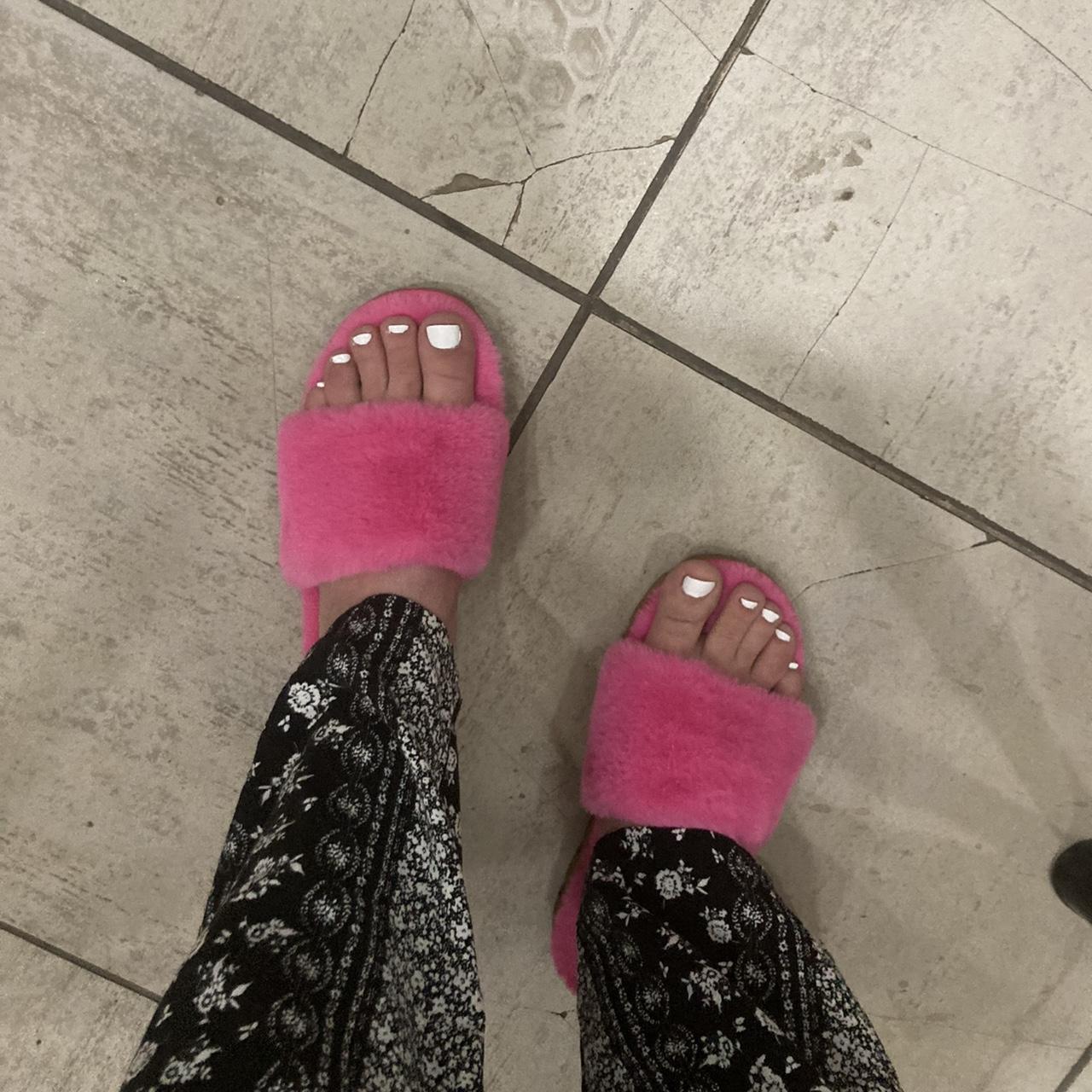 pink lv furry slippers, worn once excellent - Depop