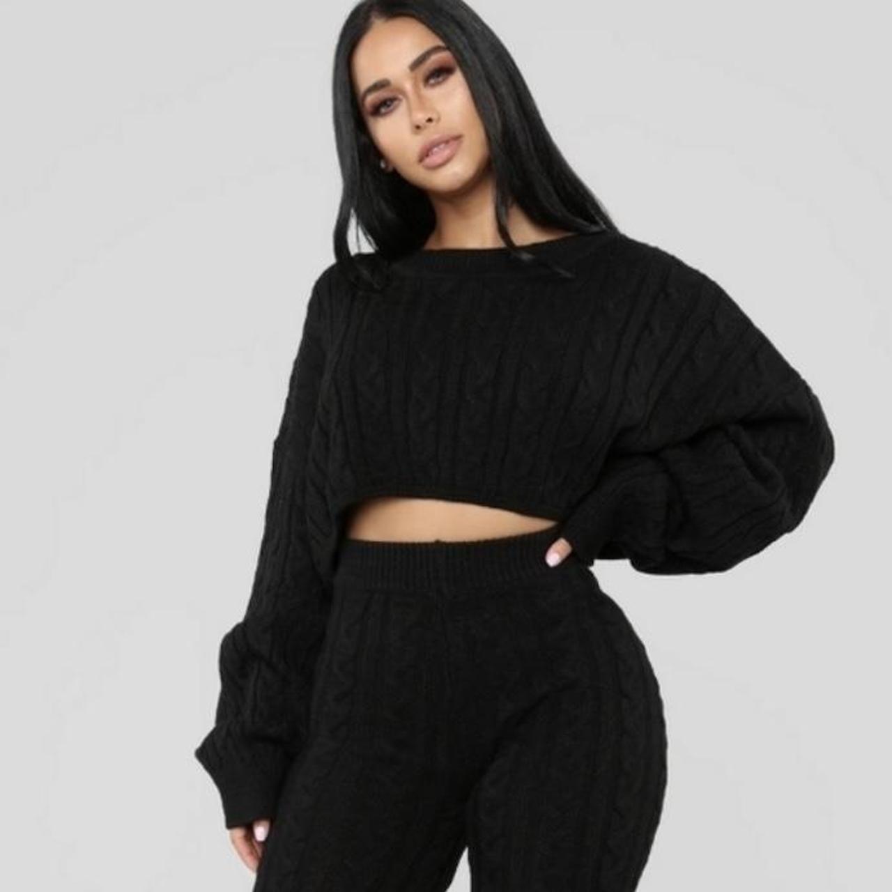 Black cropped cable knit sweater straight across... - Depop