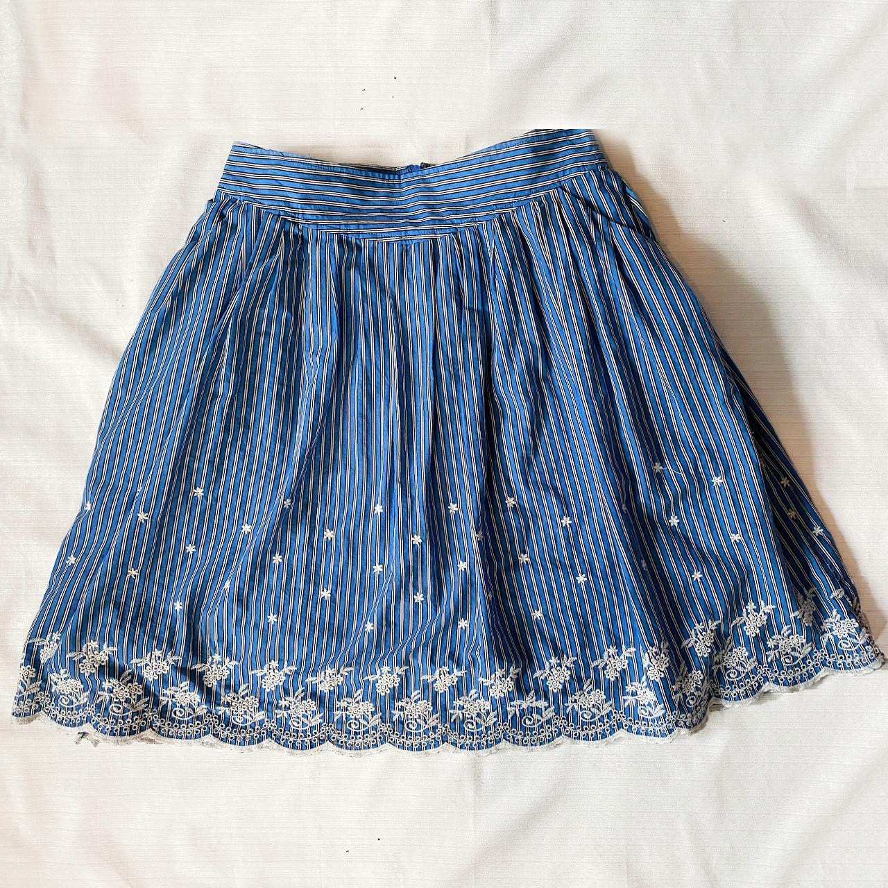 🌸 Blue Skirt with White Stripes and Embroidered... - Depop