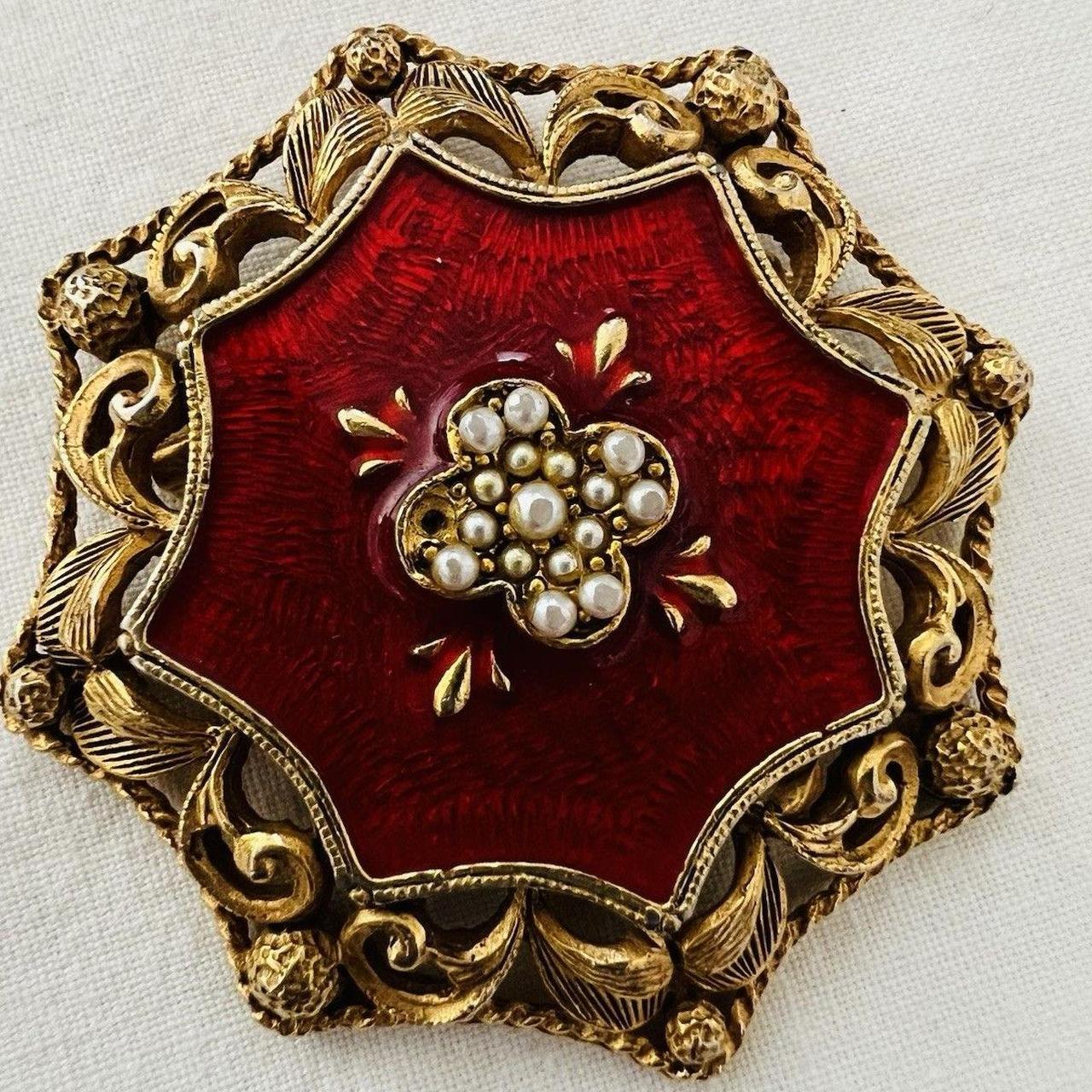 Women's Brooch - Gold/Red – Beautiful vintage Flo… - image 2